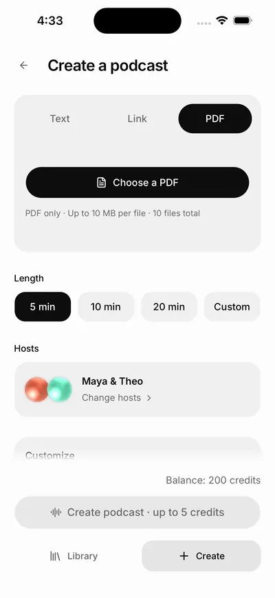 Castella Create a podcast with PDF selected: “Choose a PDF”, “PDF only · Up to 10 MB per file · 10 files total”, Length 5 min, Hosts Maya & Theo