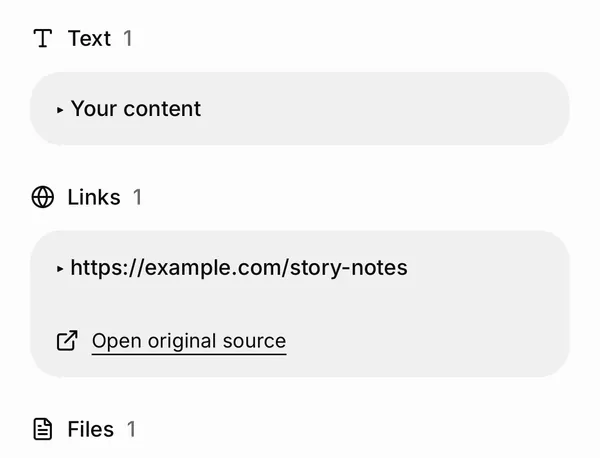 Castella Sources tab: Text 1 “Your content”, Links 1 https://example.com/story-notes with “Open original source”, and Files 1