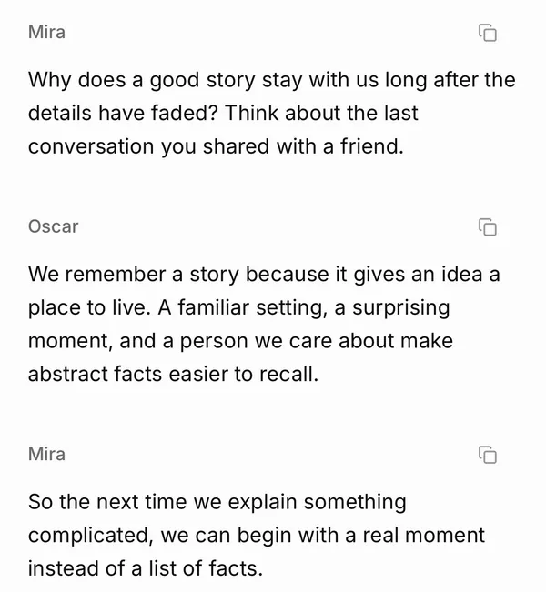Castella transcript: Mira asks why a good story stays with us; Oscar answers that a story gives an idea a place to live